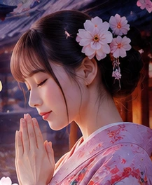 桜の下で願いを込める着物姿の女性